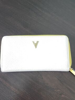 White Zip-Around Wallet with Gold V Accent